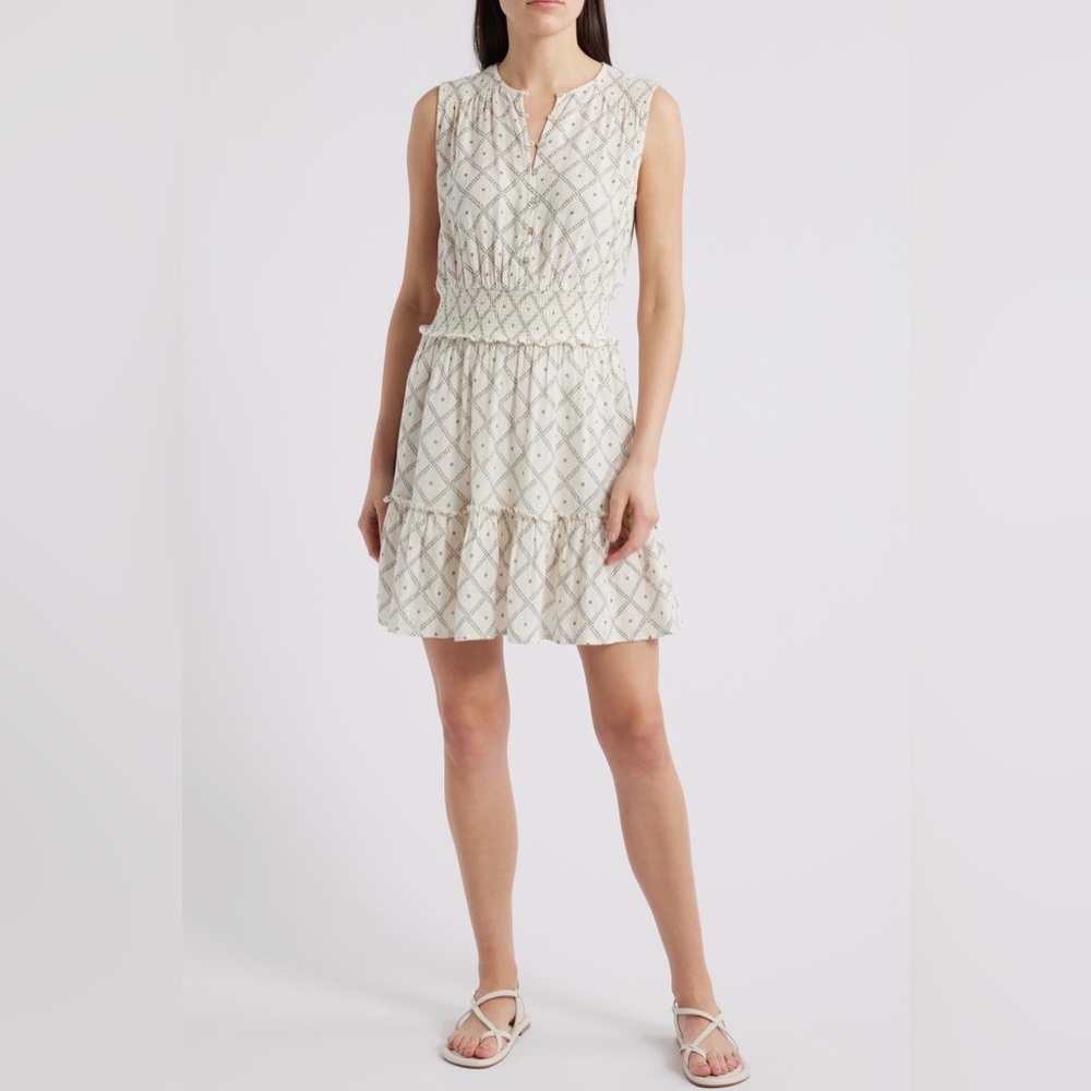 Rails Cindy Geo Print Linen Blend Tiered Mini Dress Ivory Zanzibar NWT Large